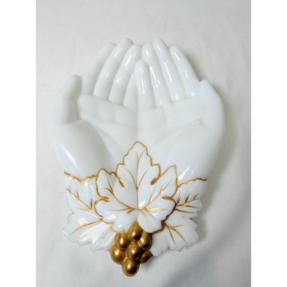Vtg Westmoreland Milkglass Hands With Gold Grapes And Outline